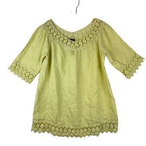 PIAZZA ROMA 100% Linen Pale Yellow Tunic Crochet Details‎ Size Small From Italy